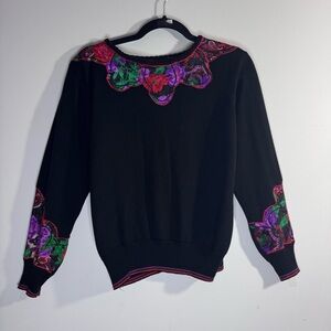 Vintage 80s Artwear Applique Sweater Floral Paisley Black Knit Size M
